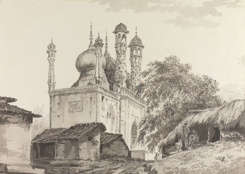 Ink wash drawing by William Hodges depicting landscape and architecture