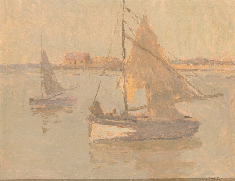 Honfleur Fishing Boats no. 1 de Frank Edwin Scott, óleo sobre tela mostrando barcos em águas tranquilas.