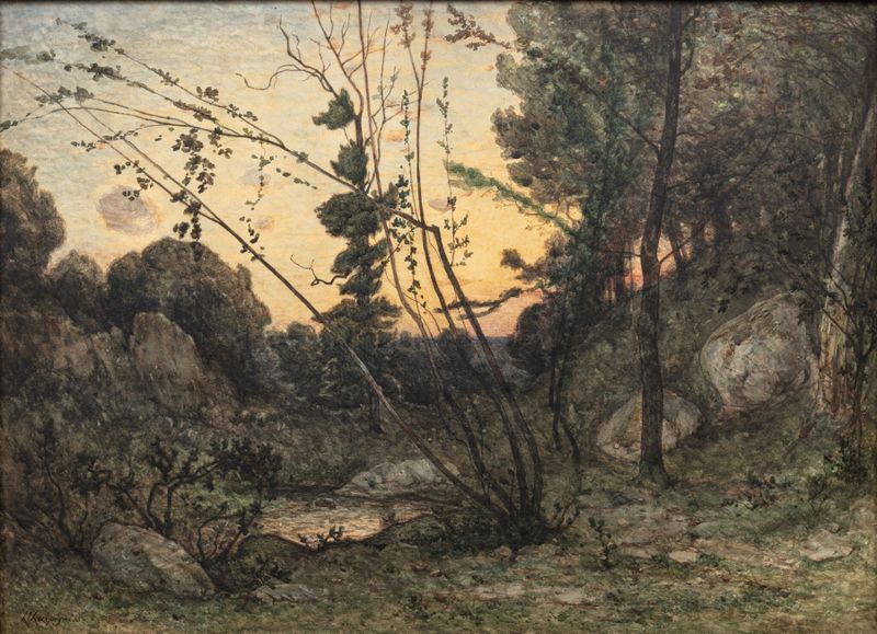A clearing at sunset de Henri-Joseph Harpignies, pintura al óleo que muestra un paisaje tranquilo