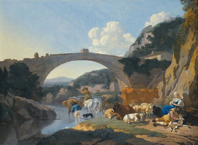 Italianate landscape with herders and animals resting by a river under a bridge, oil painting by Karel Dujardin