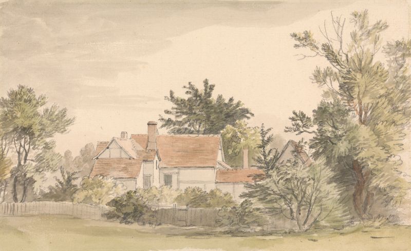 Cottages and Trees with a Fence, pintura al óleo de James Stark