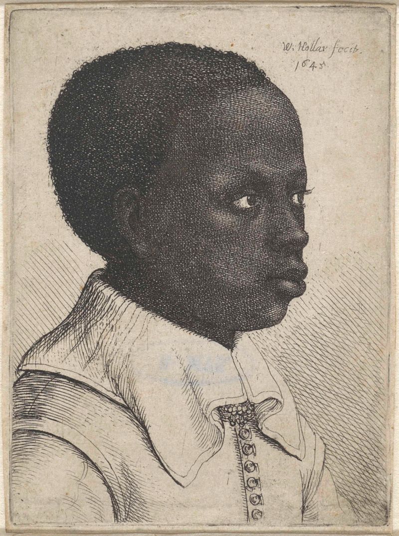 Grabado de un joven niño negro con ojos expresivos de Wenceslaus Hollar