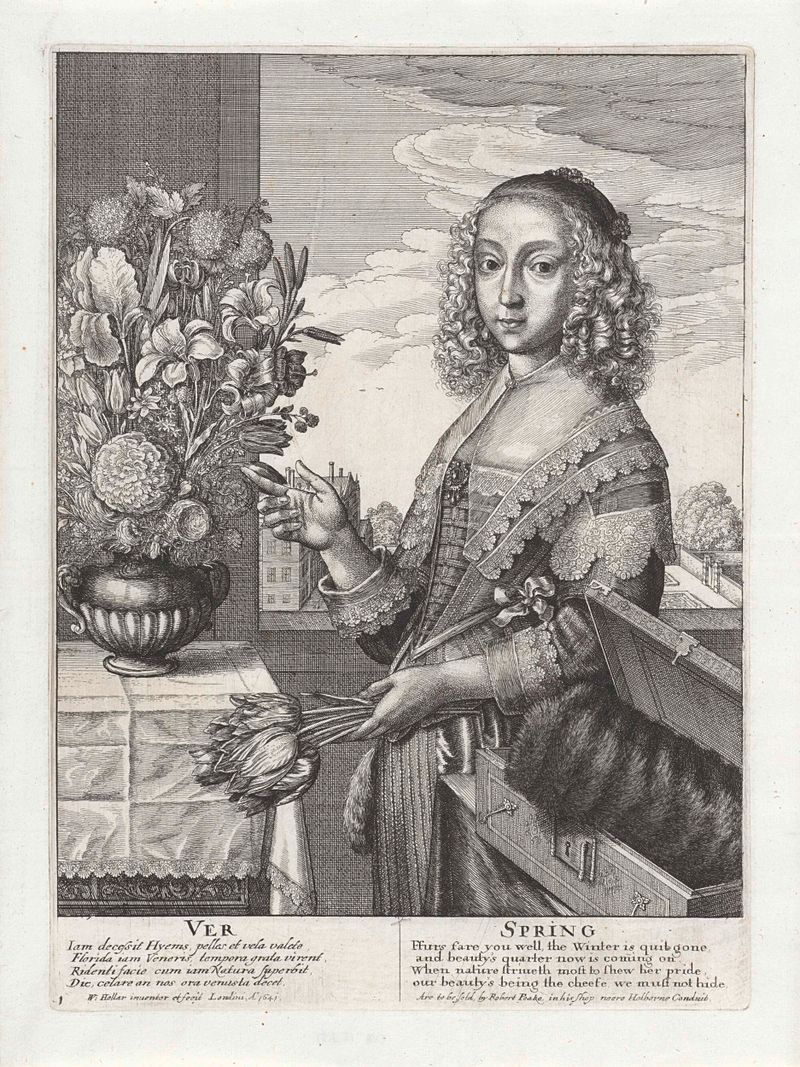 Grabado de Wenceslaus Hollar que muestra tulipanes y flores en primavera
