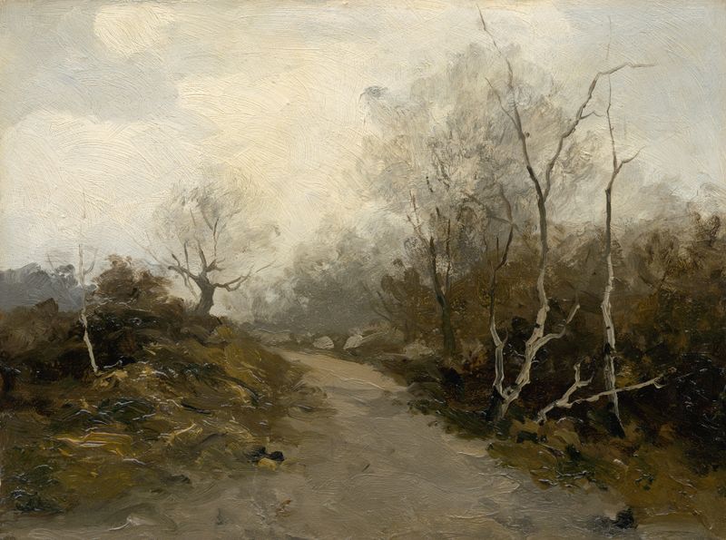 Forest Road de Felicián Moczik, pintura al óleo que muestra un camino serpenteante a través de un bosque