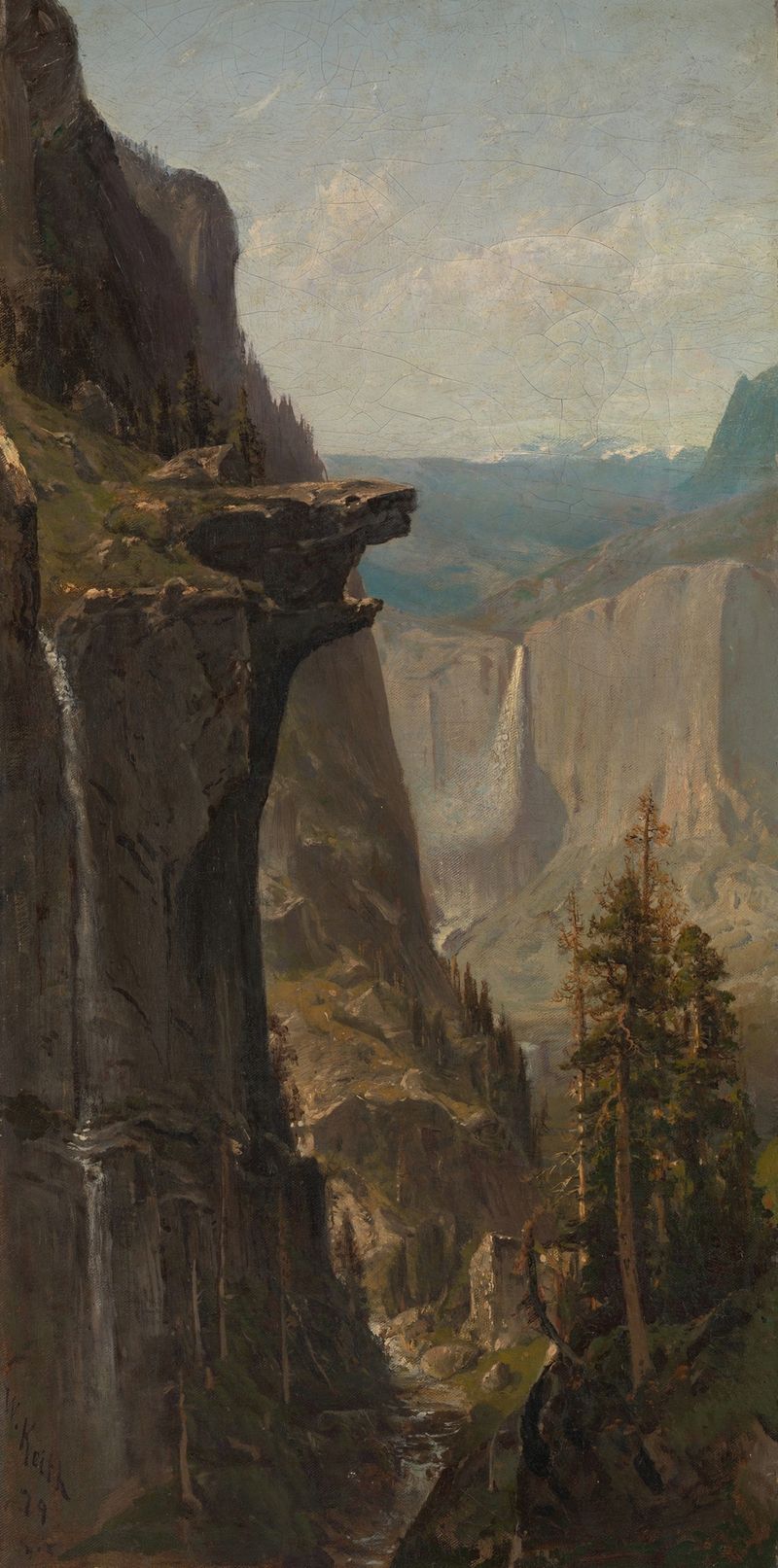 Yosemite Falls, from Glacier Point by William Keith, oil painting depicting a waterfall and mountains.