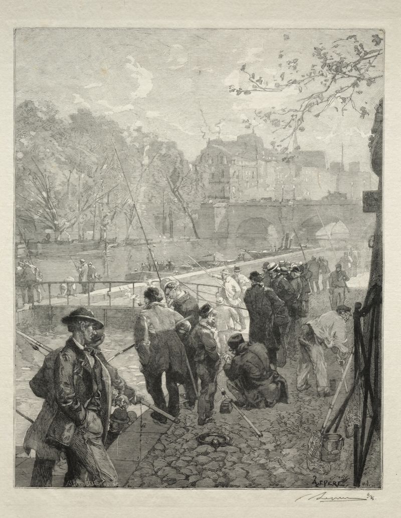 L’Ecluse de la Monnaie gravura de Auguste Louis Lepère retratando uma paisagem fluvial tranquila.