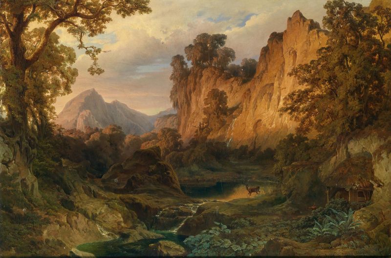 Romantische Landschaft im Abendlicht de Edmund Von Wörndle, óleo sobre lienzo, que muestra colinas al atardecer