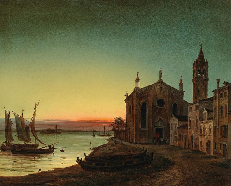 Santa Marta im Abendrot de Luigi Querena, pintura al óleo que representa un paisaje tranquilo con un atardecer.