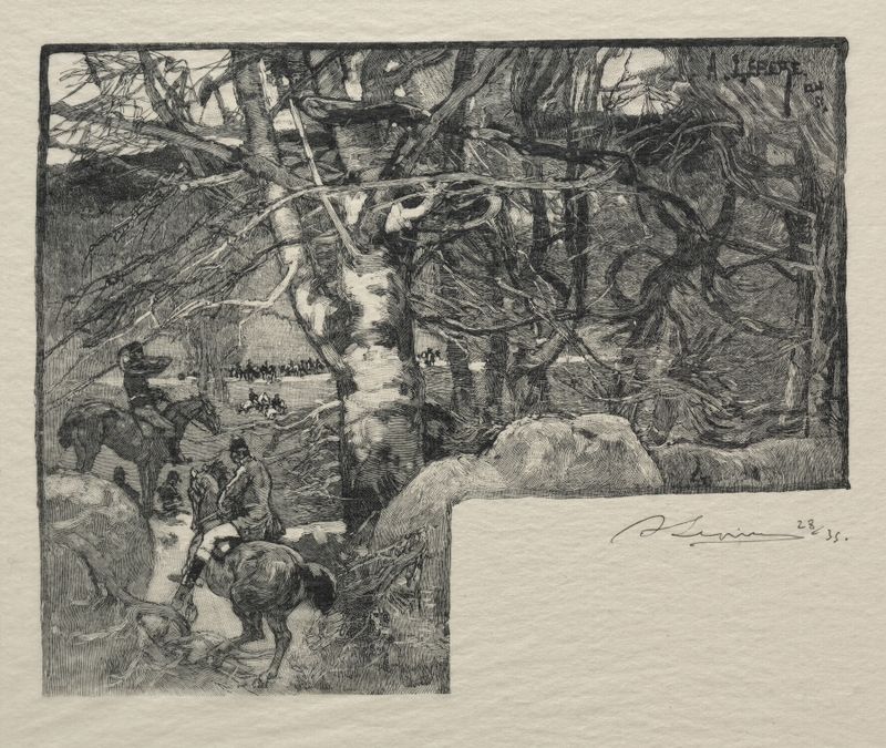 Gravura de Auguste Louis Lepère mostrando caçadores e cavalos em uma floresta