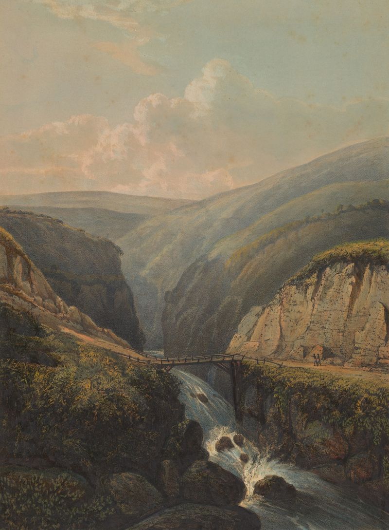 Landscape depicting the river Brandas in Java, oil painting by Johan Conrad Greive