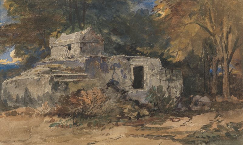 Tumbas escavadas na rocha ao pôr do sol, óleo de William James Müller