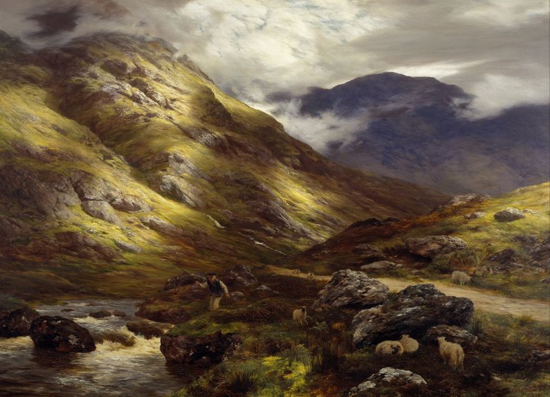 Wandering Shadows, óleo sobre lienzo de Peter Graham, que muestra un paisaje iluminado al atardecer.