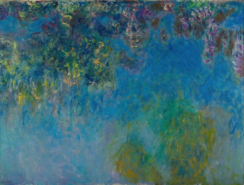 Wisteria by Claude Monet, oil painting featuring lavender blossoms and green vines.