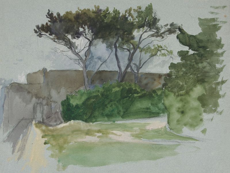 Paisaje con árboles y muro de piedra, acuarela sobre papel de Edwin Austin Abbey