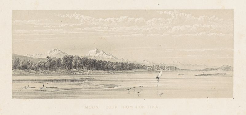Engraving by Charles Decimus Barraud depicting Mount Cook from Hokitika