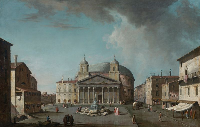 Renaissance oil painting of the Pantheon in Rome by Jacopo Fabris, featuring its dome and columns.