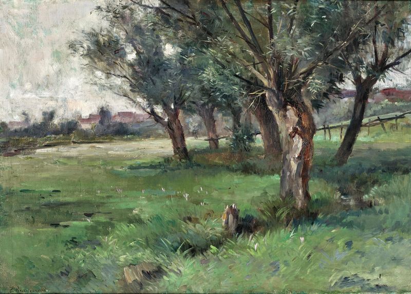 Landscape oil painting by Zdenka Braunerová featuring a soft horizon and muted colors.
