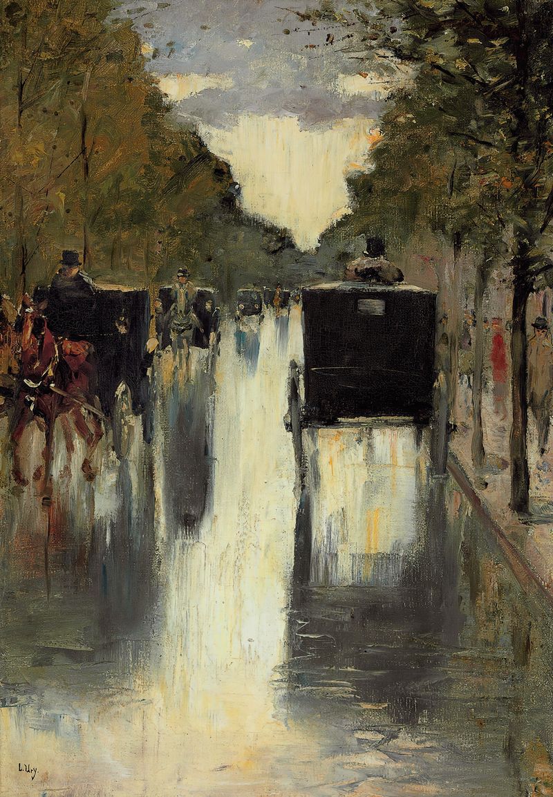 Escena de género con caballos en una calle de Berlín por Lesser Ury, pintura al óleo
