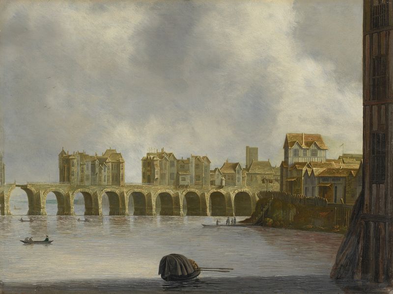 Old London Bridge by Claude de Jongh, oil painting depicting twilight over the river