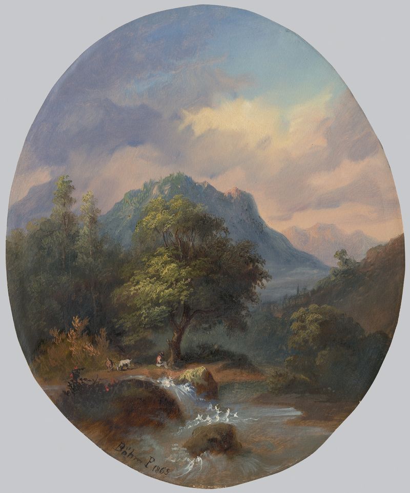 Tatra Landscape de Pal Böhm, óleo sobre lienzo, que representa árboles y un horizonte en un entorno natural.