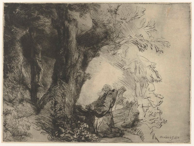 São Francisco orando sob uma árvore, ponta seca de Rembrandt van Rijn
