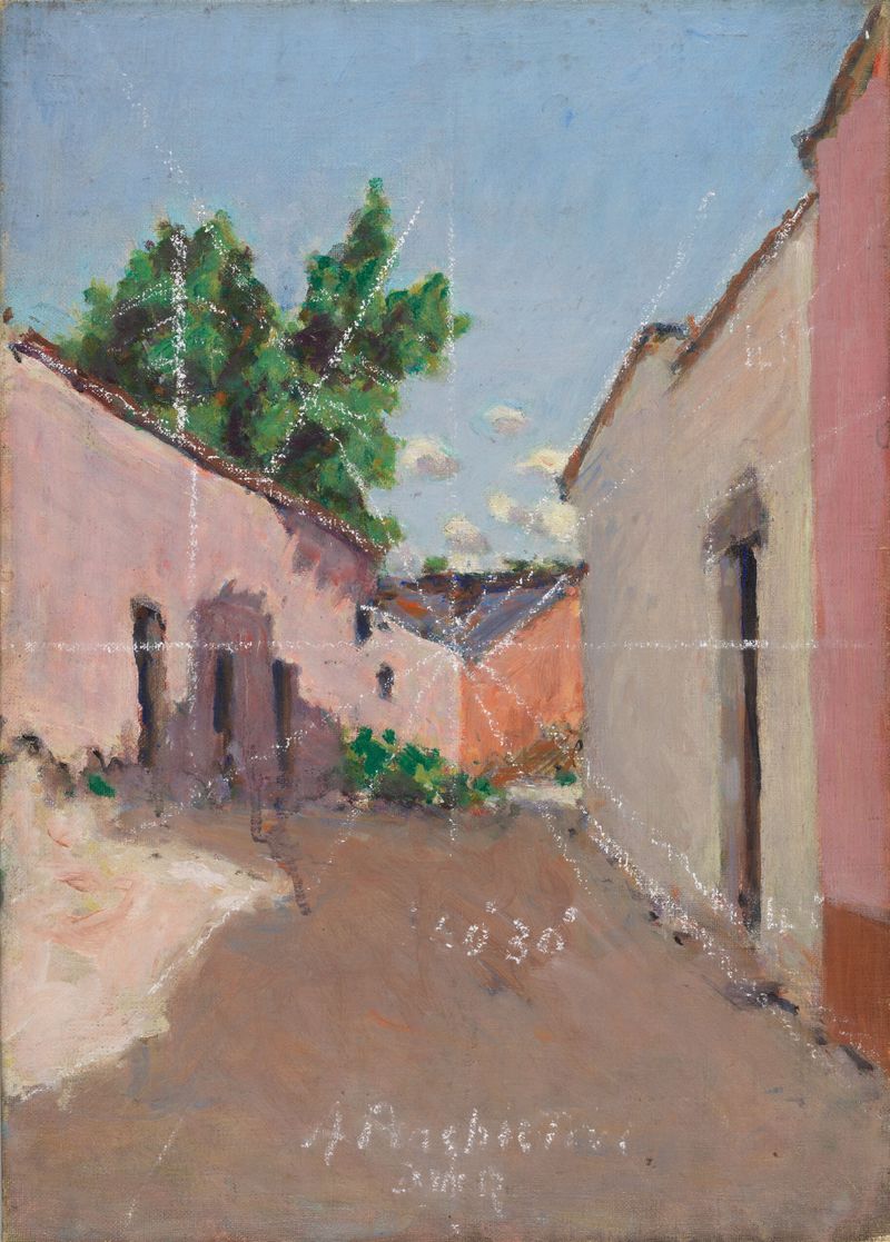 Courtyard de Denman Waldo Ross, pintura al óleo que muestra vegetación exuberante y arquitectura de piedra