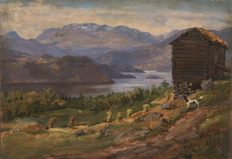 Paisagem com um rio e colinas, pintura a óleo de Siegwald Dahl