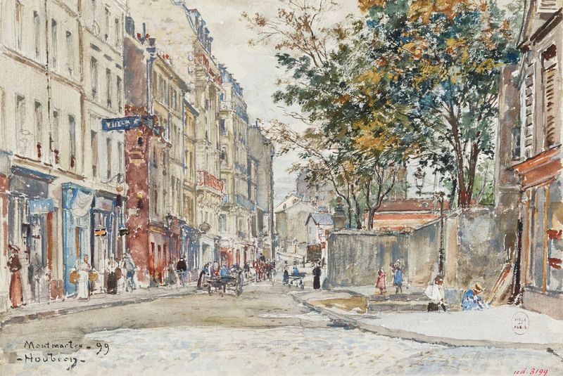 Rue Hermel à Montmartre de Frédéric Houbron, óleo sobre lienzo que muestra edificios desgastados.