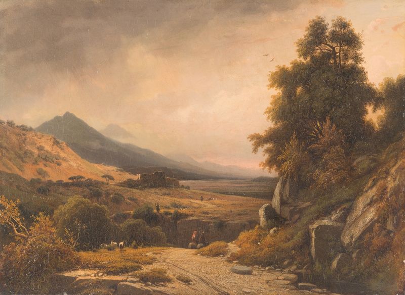 Paisaje italiano con figuras decorativas, óleo sobre lienzo de Louis Auguste Lapito