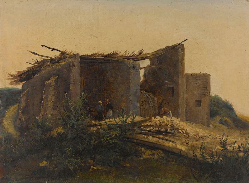Four à plâtre à Montmartre de Henri-Arsène Macaire, Romantismo, retratando um forno de gesso texturizado em um interior calmo