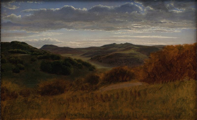 Landscape with hills and a cliff, oil painting by P. C. Skovgaard