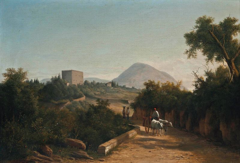 Cena de gênero mostrando viajantes em uma estrada rural, pintura a óleo de Karoly Marko o Jovem.