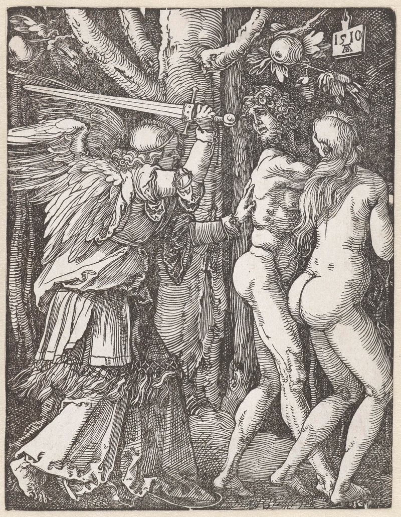 Engraving on paper by Albrecht Dürer depicting Adam and Eve expelled from paradise