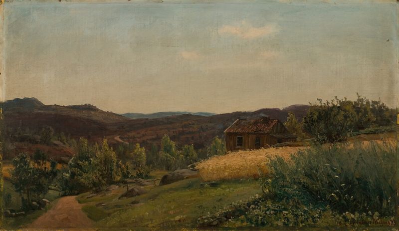 Paisaje de colinas y agua en Fra Gjervoldstad, Mandal de Amaldus Nielsen, pintura al óleo