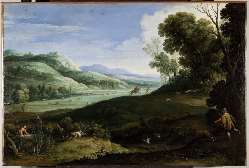 Landscape with Hunters by Paul Bril, oil on canvas depicting two hunters in a lush forest.