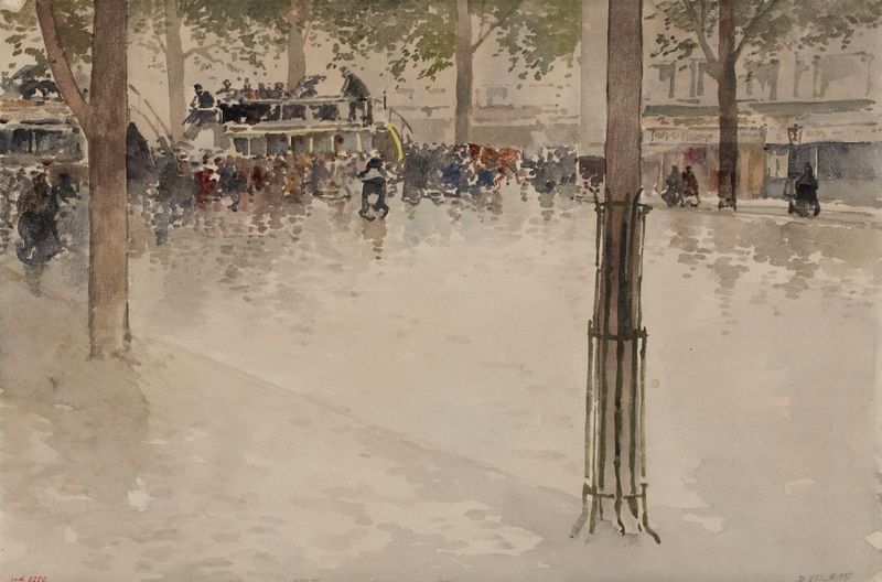 Genre scene in oil on canvas by Francis Garat, featuring gaslights and silhouettes.