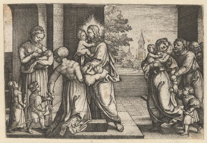 Gravura Christus zegent kinderen de Georg Pencz mostrando Cristo abençoando crianças