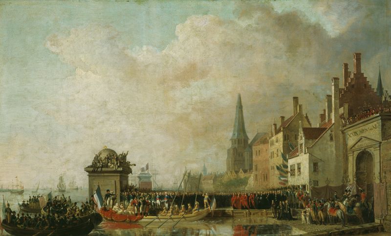 Cena histórica que retrata a chegada de Napoleão em 1803, pintura a óleo de Mattheus Ignatius van Bree.