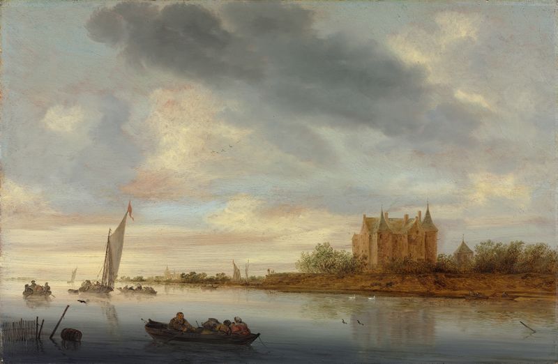 Castelo em um Rio de Jacob Salomonsz. van Ruysdael, óleo sobre tela