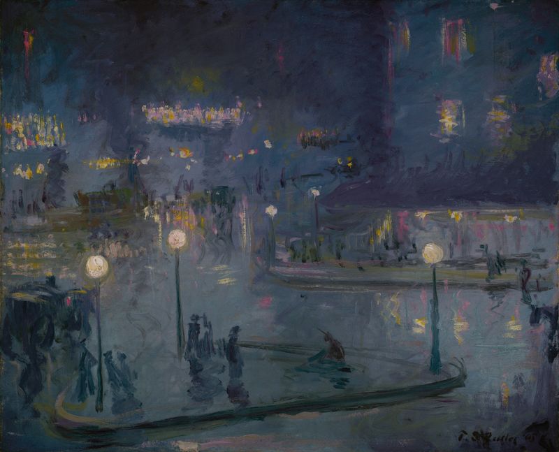 Place de Rome at Night by Theodore Earl Butler, oil painting depicting gas lamps and cobblestones