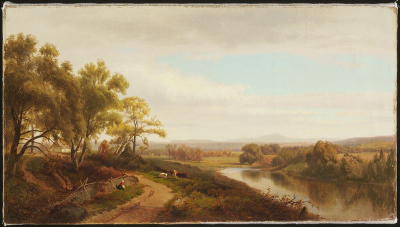 Oil painting by William Hart depicting a serene valley with hills and foliage.