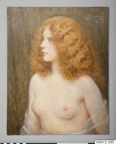 Retrato de una mujer desnuda con cabello rizado rojo de Ivan Lindhé, óleo sobre panel