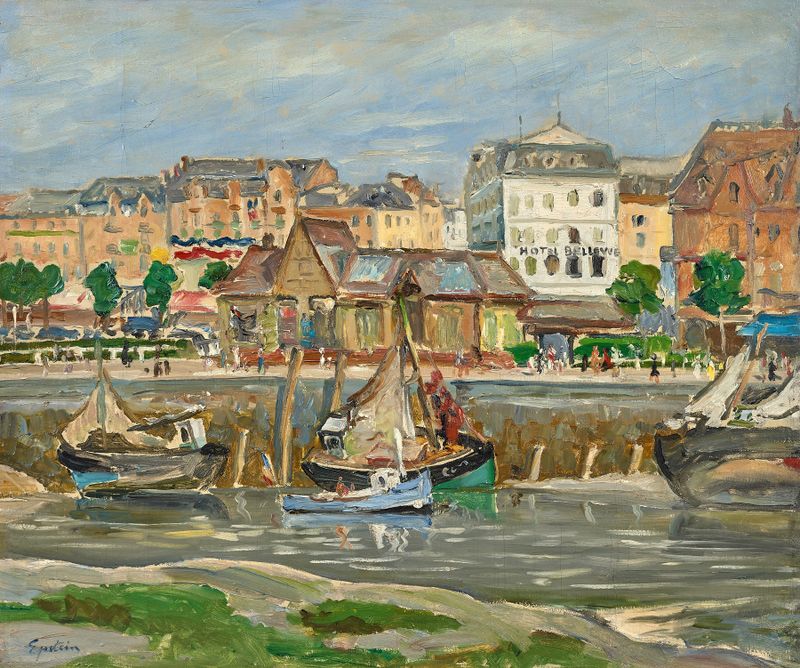 Vue de port de Henri Epstein, impressionismo, cena marinha com azuis vibrantes e luz cintilante.