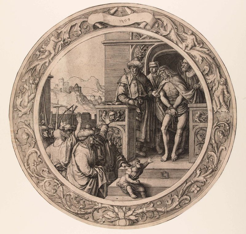 Gravura de Lucas van Leyden retratando Ecce Homo, uma figura amarrada cercada por uma multidão.
