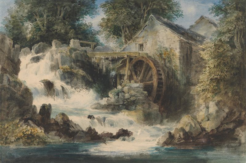 An Overshot Mill de Andrew Nicholl, óleo sobre lienzo que representa un molino envejecido junto a un río.
