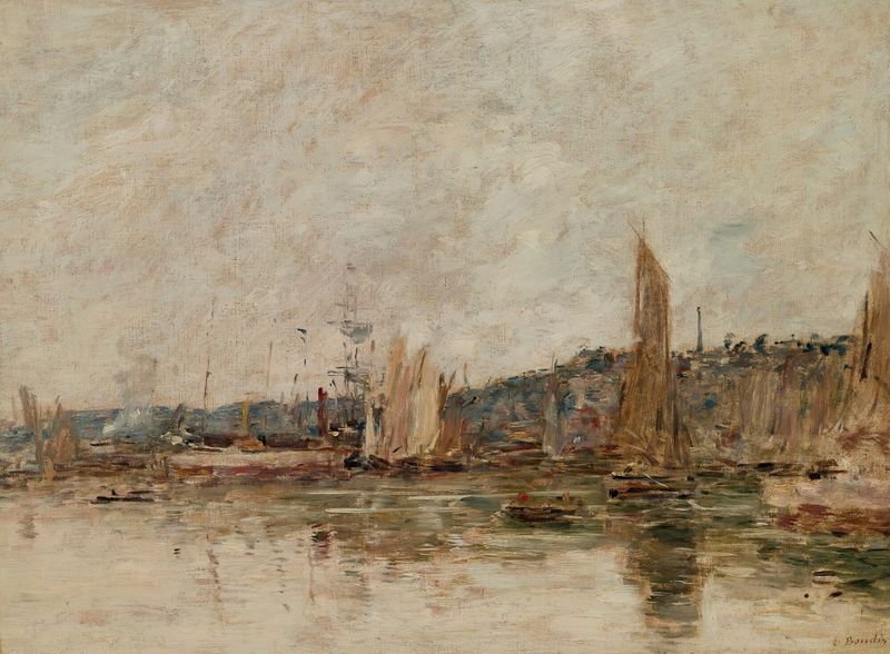 Escena marina con barcos de pesca al amanecer, pintura al óleo de Eugène Boudin