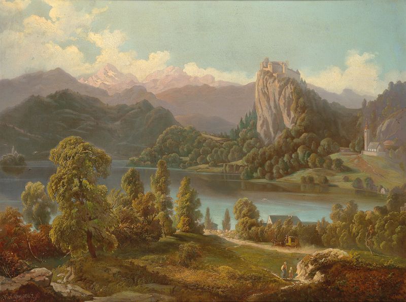 Lake Bled landscape with St Mary’s Church, oil painting by Anton Karinger