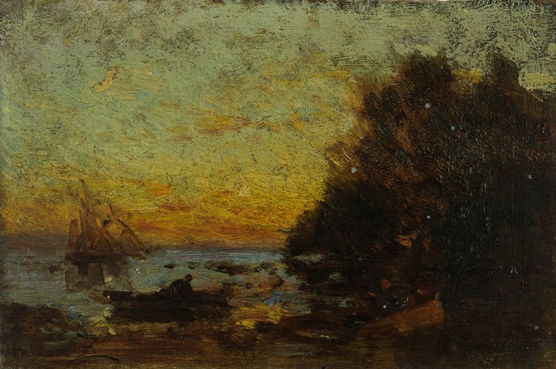 Cena marinha com barcos ao pôr do sol por Félix Ziem, meio desconhecido