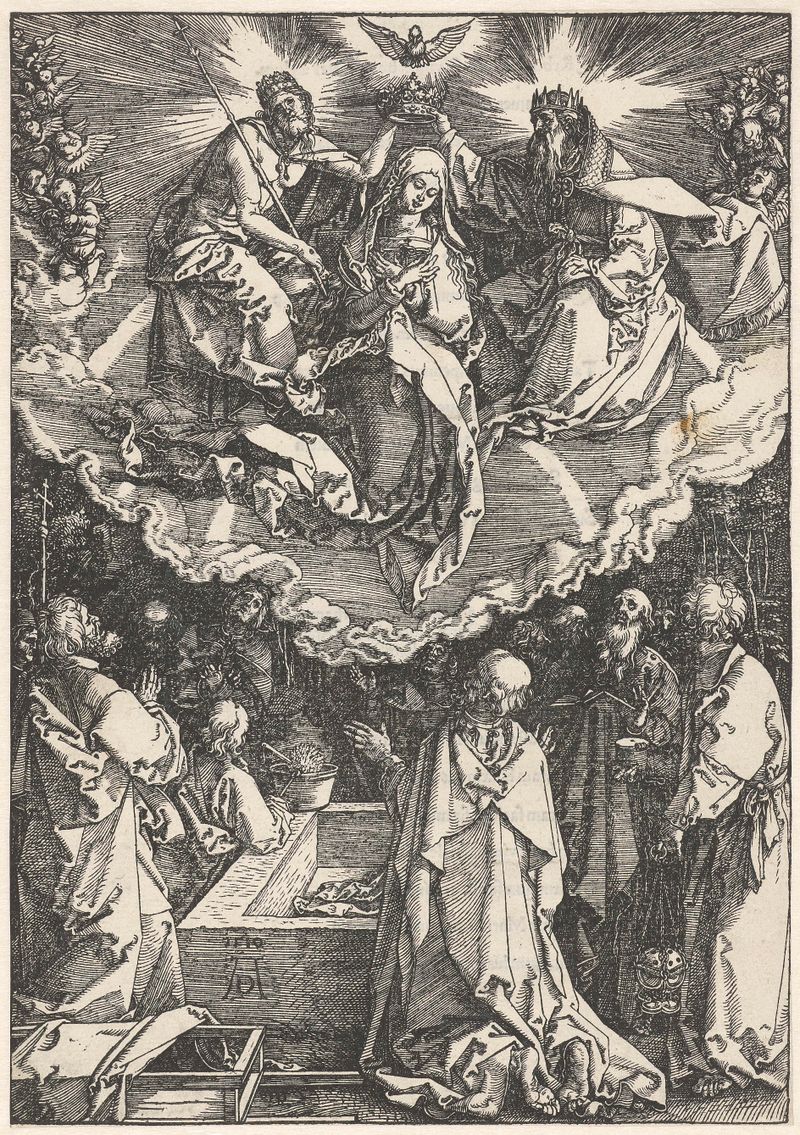 Cena religiosa representando a Virgem Maria coroada, xilogravura de Albrecht Dürer
