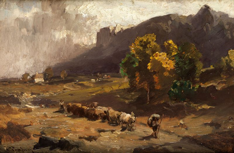 Cattle drive at Bolzano by Josef Wopfner, oil on canvas depicting cattle on a hillside.